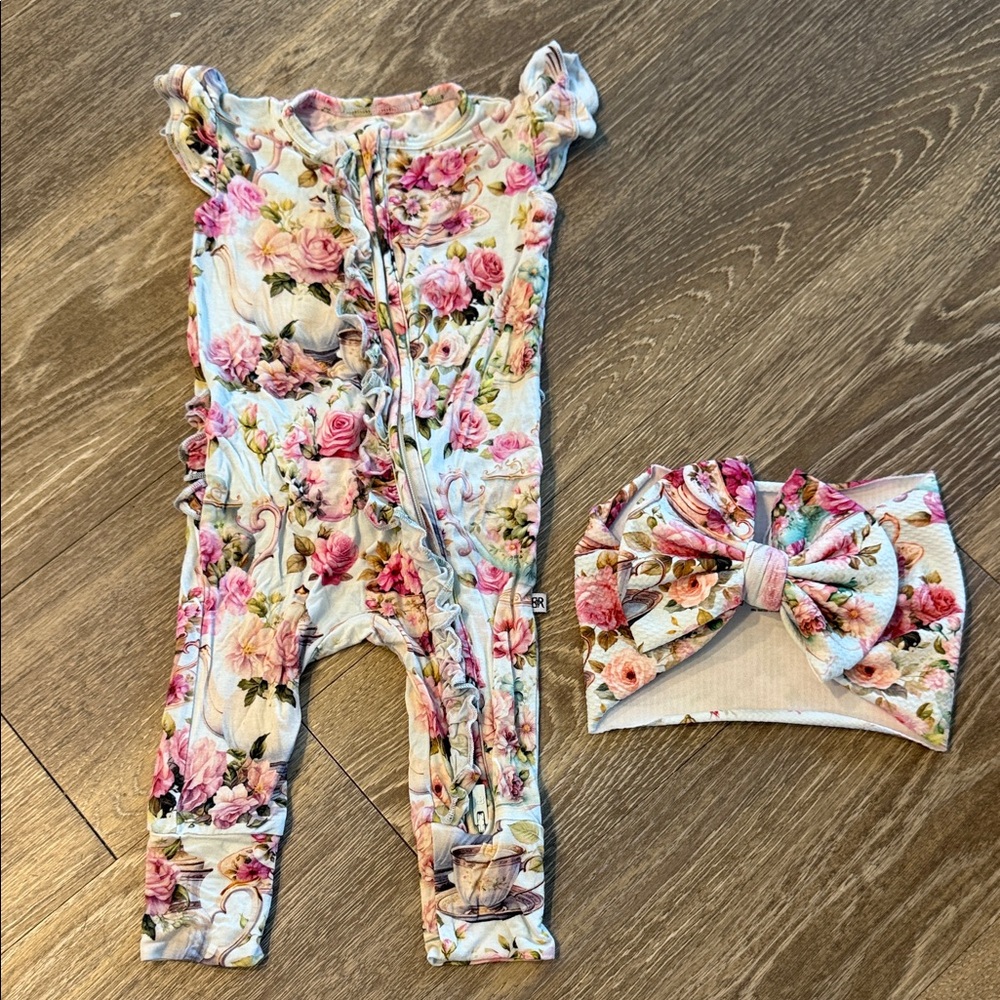 Bums and roses baby ruffled romper floral tea party print with bow head band